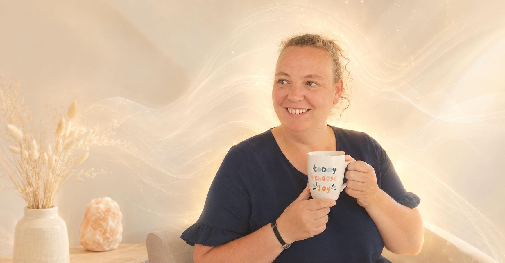Lindsy houdt een koffiekopje vast met de tekst Today I choose joy, als symbool voor bewustwording, hoogsensitiviteit en het kiezen voor een hogere frequentie.