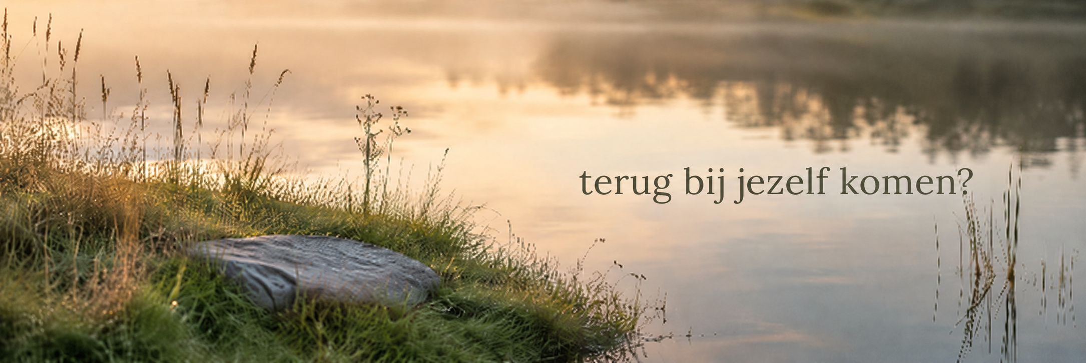 Rustig panoramisch beeld van gras, riet en stil water met de tekst “terug bij jezelf komen?” als uitnodiging om te vertragen en opnieuw contact te maken met jezelf.